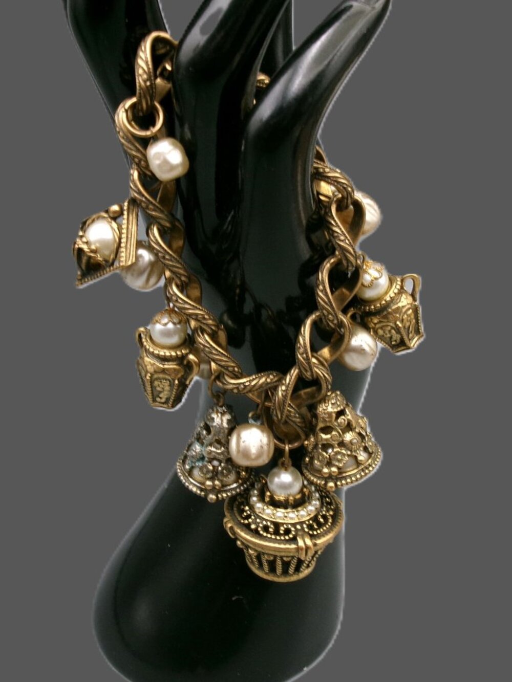 Vtg Bronze Gilded Etruscan Revival Charm Bracelet, Ornate Filigree & Faux Pearls